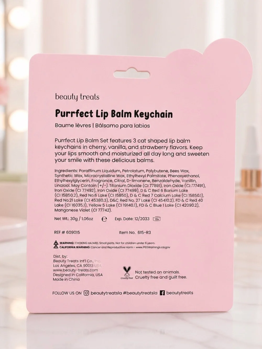 Beauty Treats Purrfect Cat Lip Balm Keychain Set NWT 3 Pack